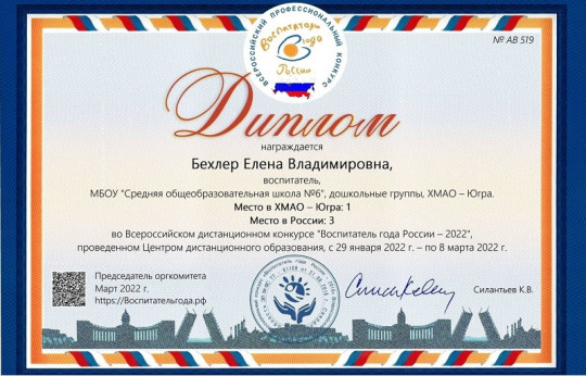 Участие в конкурсе "Воспитатель года России - 2022".